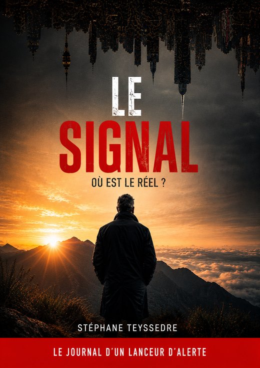 Couverture du livre Le Signal, Où est le réel ? de Stéphane Teyssedre : un homme de dos face à un lever de soleil, une ville renversée dans le ciel.
