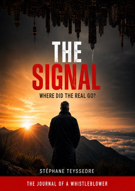 Cover of The Signal, Where did the real go? by Stéphane Teyssedre: a man seen from behind facing a sunrise, a city upside down in the sky.